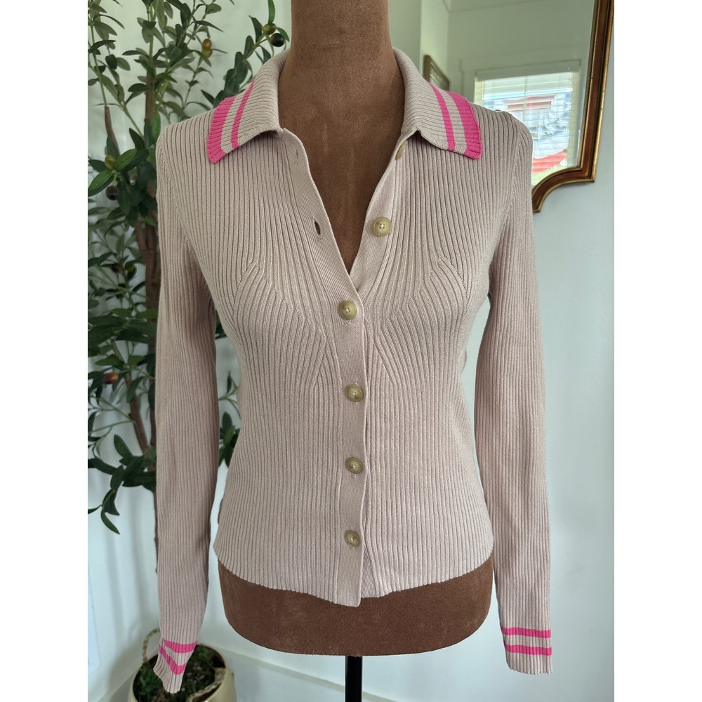Maeve Anthropologie Ribbed Sweater Cardigan Tan Pink Stripe Collar XS LS